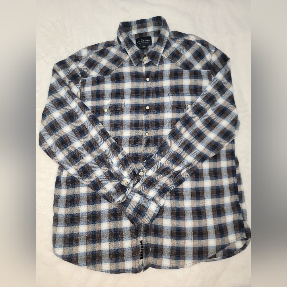 Lucky Brand Pearl Snap Casual Blue and Brown Button Down Shirt